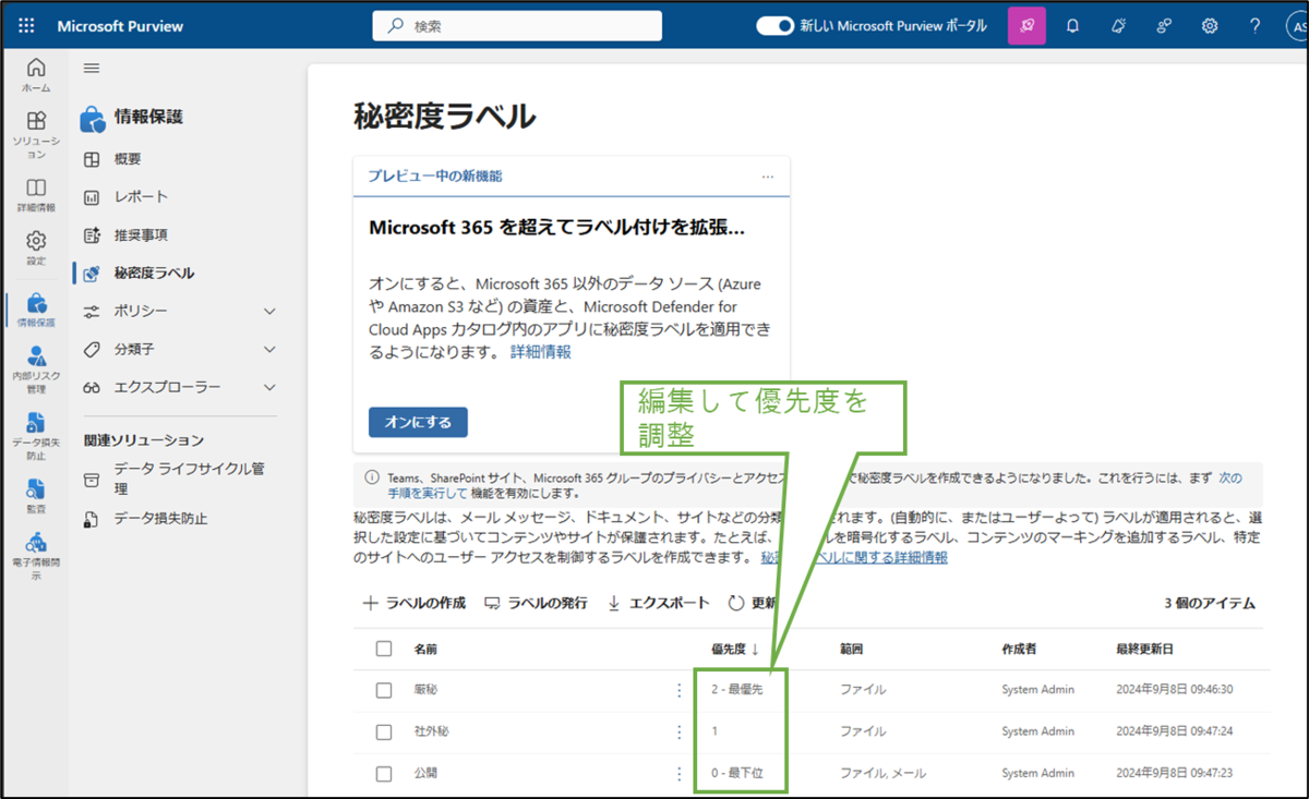 図表2-18 作成した秘密度ラベルの優先度調整