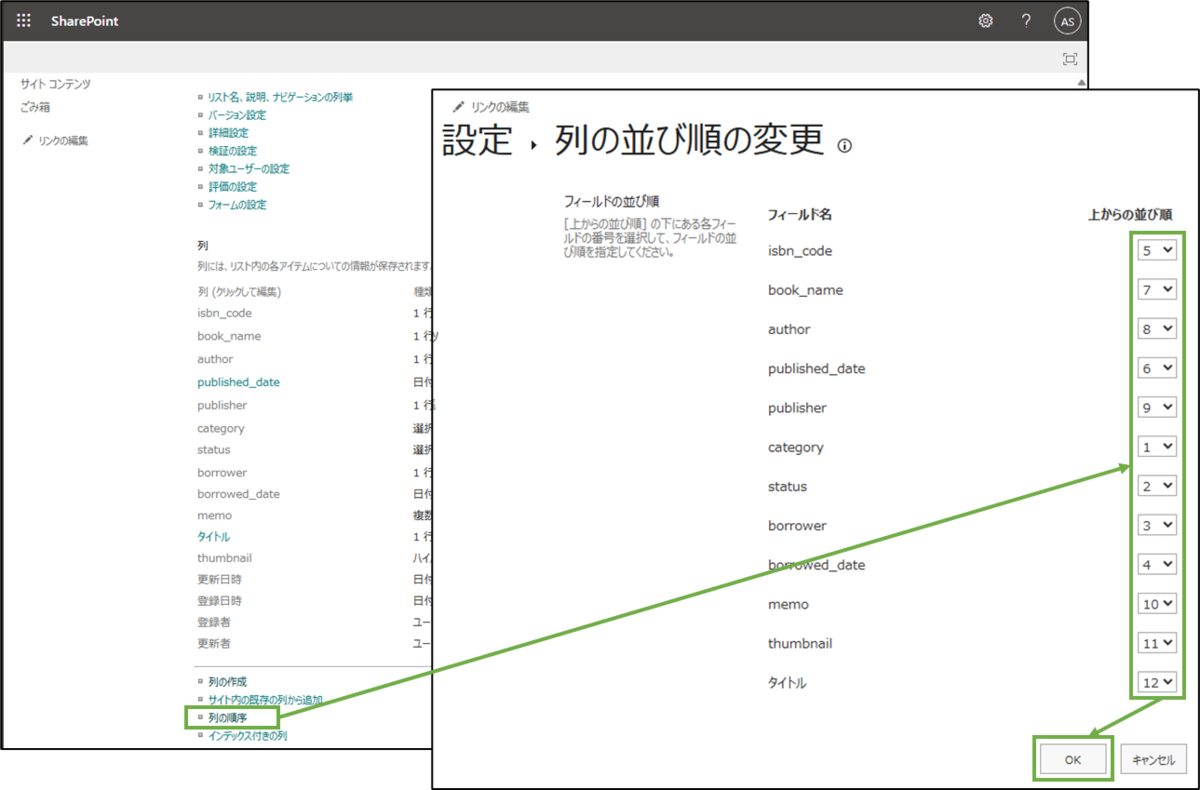 図表3-8 SharePointリストの列の順序設定
