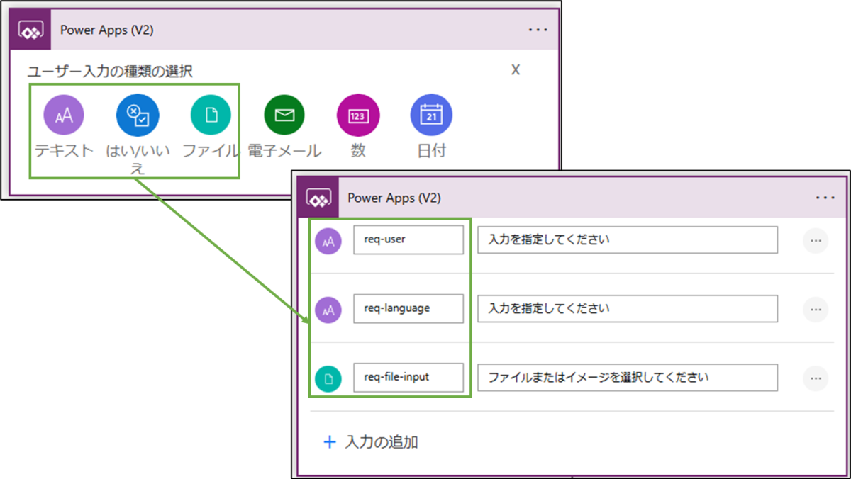 図表12-2 PowerAutomateフローの設定(PowerAppsからの引数)