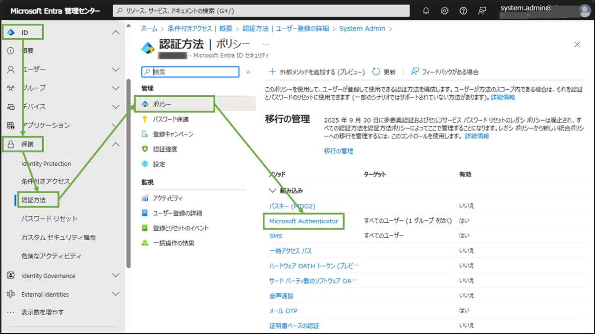 図表1-1 Entra管理センターの認証方法ポリシーの認証アプリ設定へ