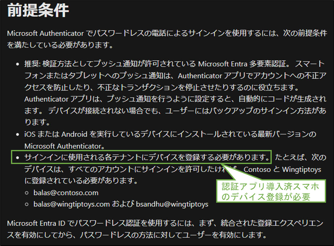 図表2-4 認証アプリのパスワードレスの前提条件に関する公式記事