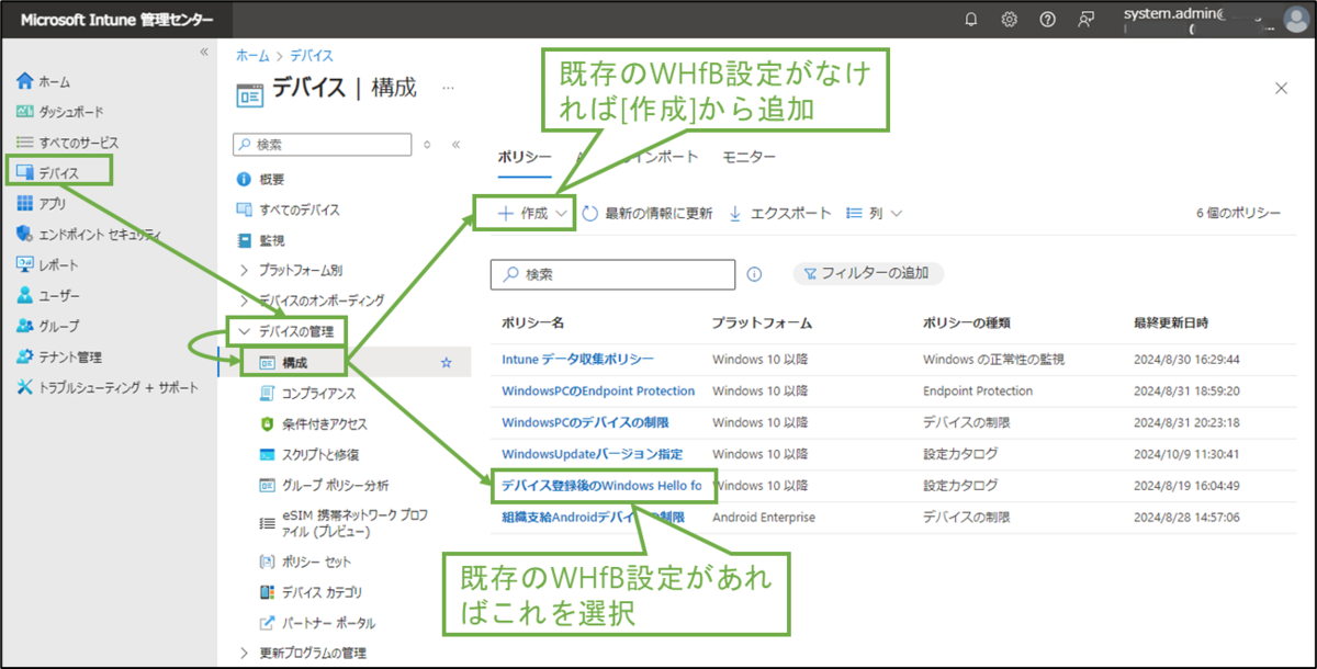 図表5-1 Intune管理センターのデバイス構成ポリシー設定へ(WHfB)