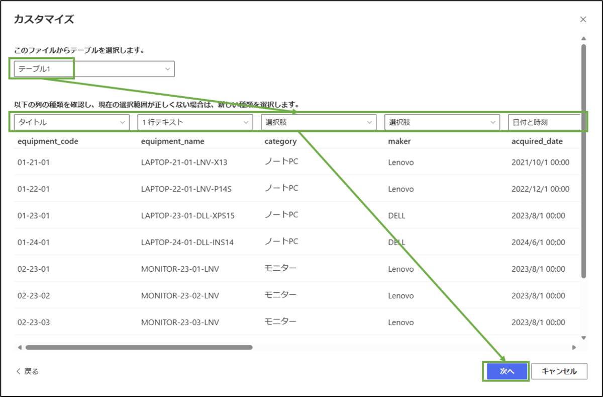 図表3-4 SharePointリストの作成(テーブルと列の種類の選択)