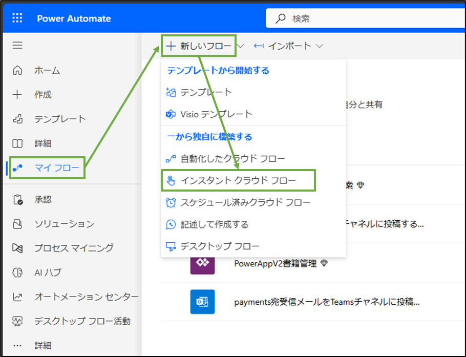 図表4-1 PowerAutomate インスタントフロー作成
