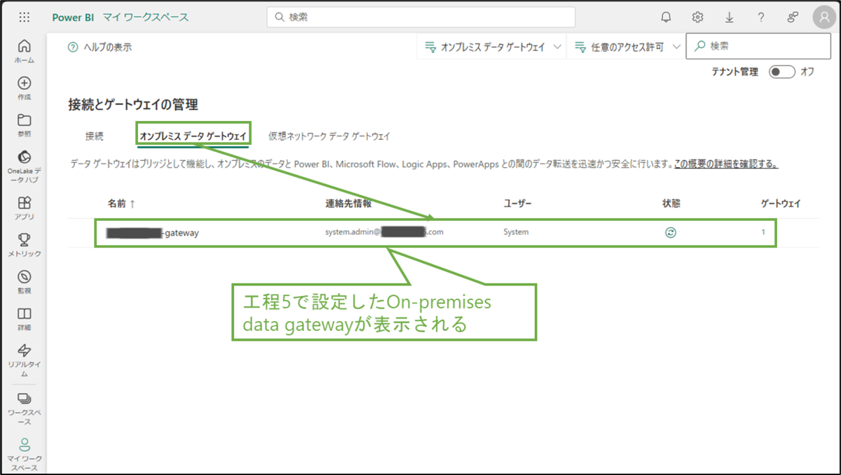 図表6-9 Power BI Serviceでのオンプレミスデータゲートウェイの状態確認