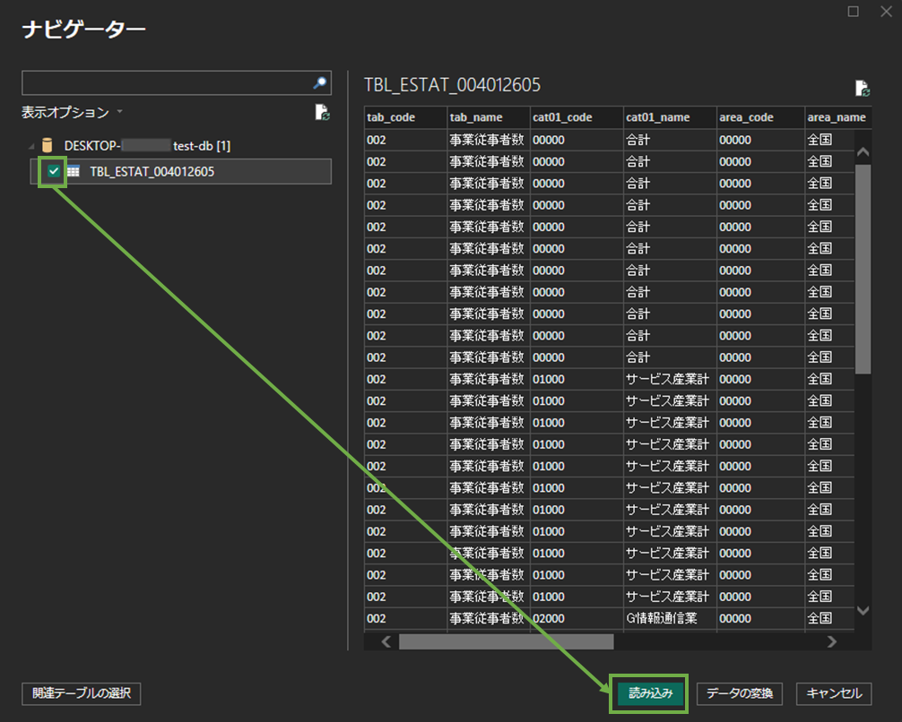 図表7-2 Power BI DesktopでSQL Serverのテーブル読み込み