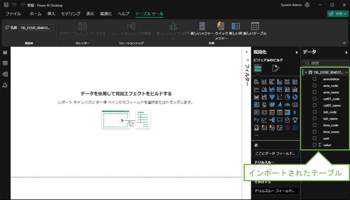 図表7-3 Power BI Desktopのレポートビューでテーブルを確認