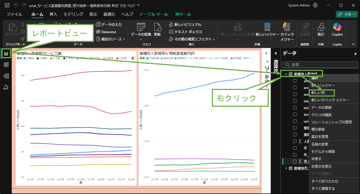 図表3-5 レポートビューで列の追加へ