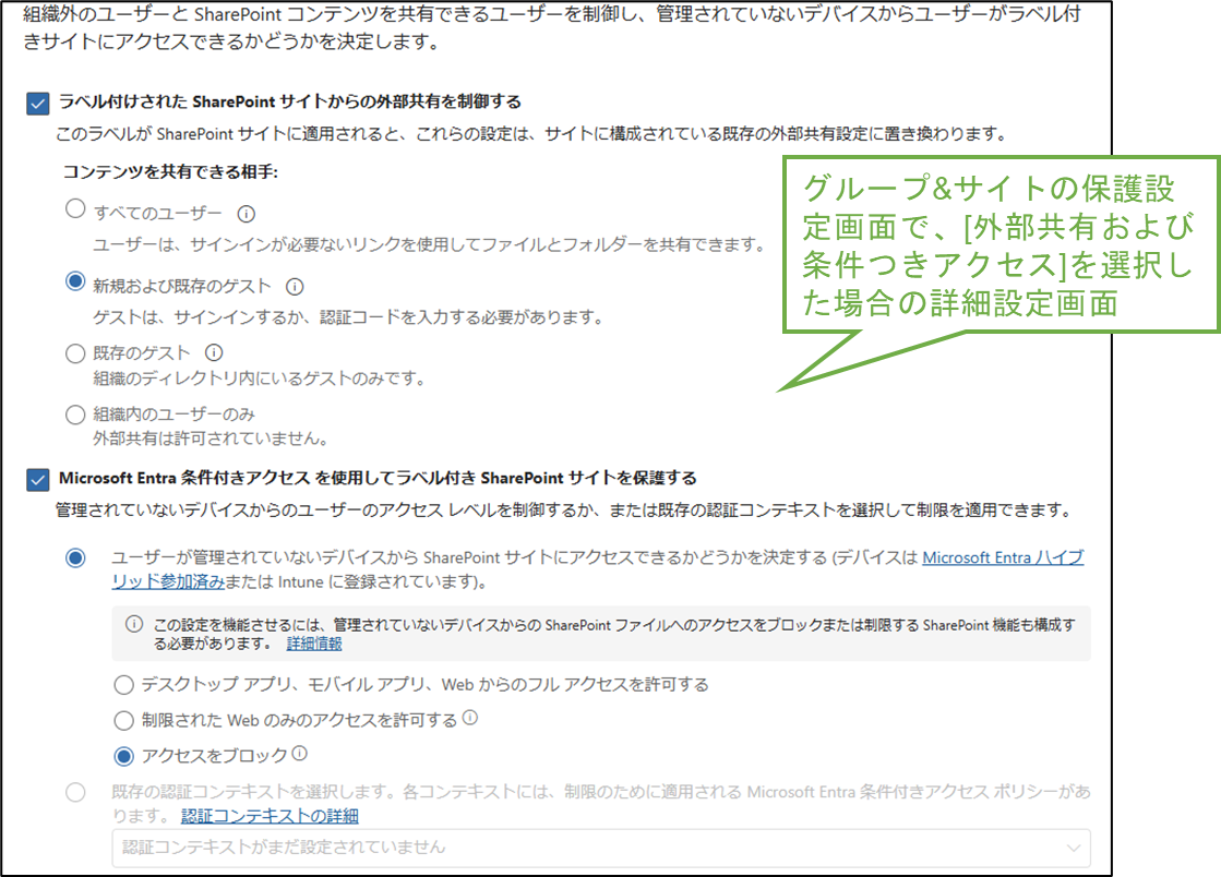 図表3-5 Purview秘密度ラベルの設定(外部共有と条件付きアクセスの詳細設定)