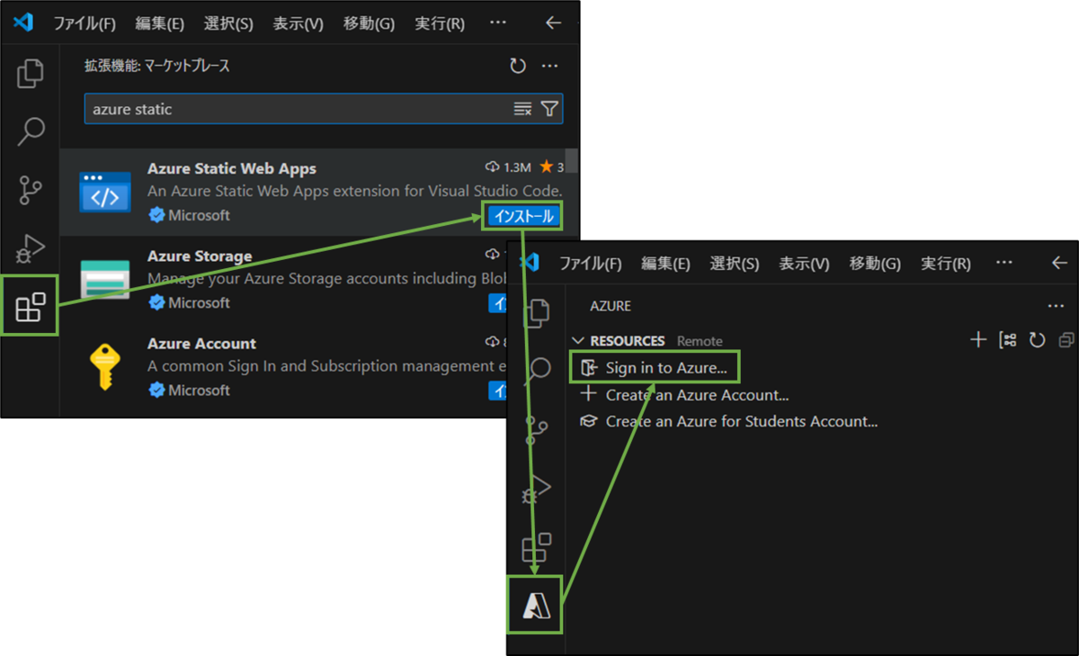 図表5-7 VSCodeのプラグインでAzureStaticWebAppsのインストール