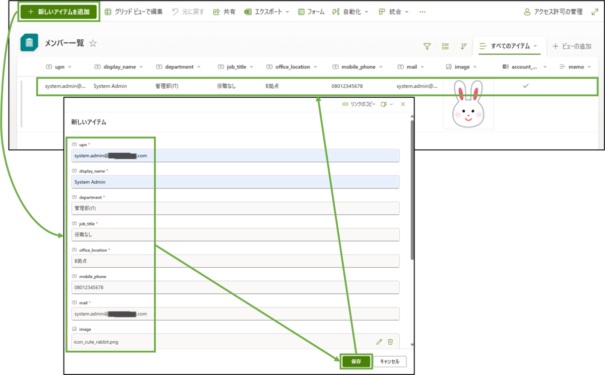 図表3-5 SharePointリストへのサンプルデータ登録