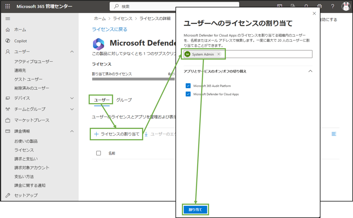図表2-8 Defender for Cloud Appsライセンスの割り当て実施