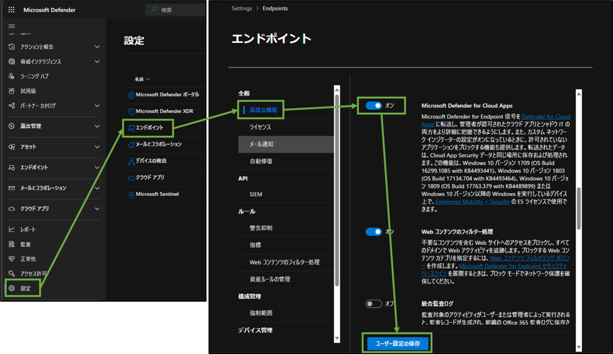 図表3-6 Defender for Cloud AppsとEndpointの連動設定