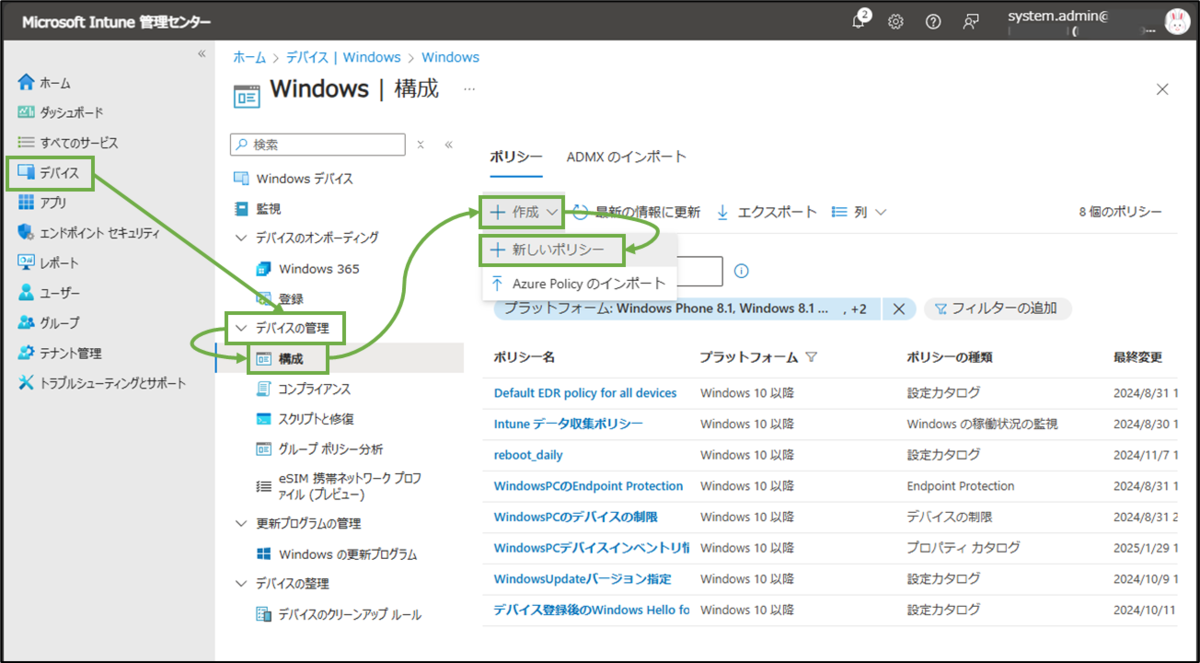 図表3-1 Intune管理センターのデバイス構成ポリシー作成へ