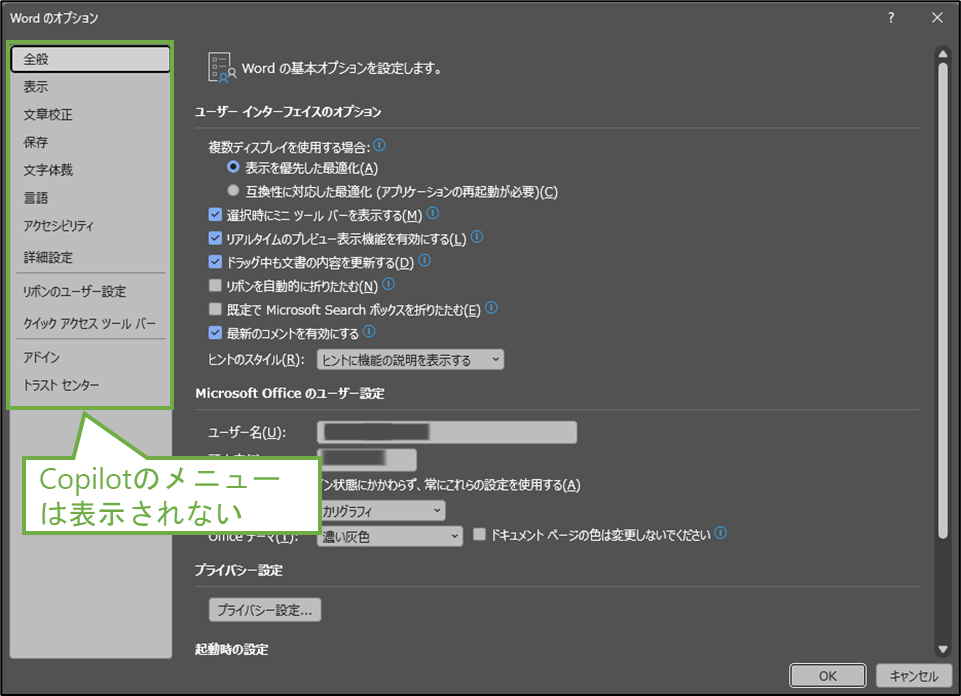 図表3-3 Wordのオプション確認(Copilotなし)