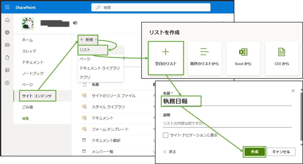 図表3-1 SharePointリストの作成