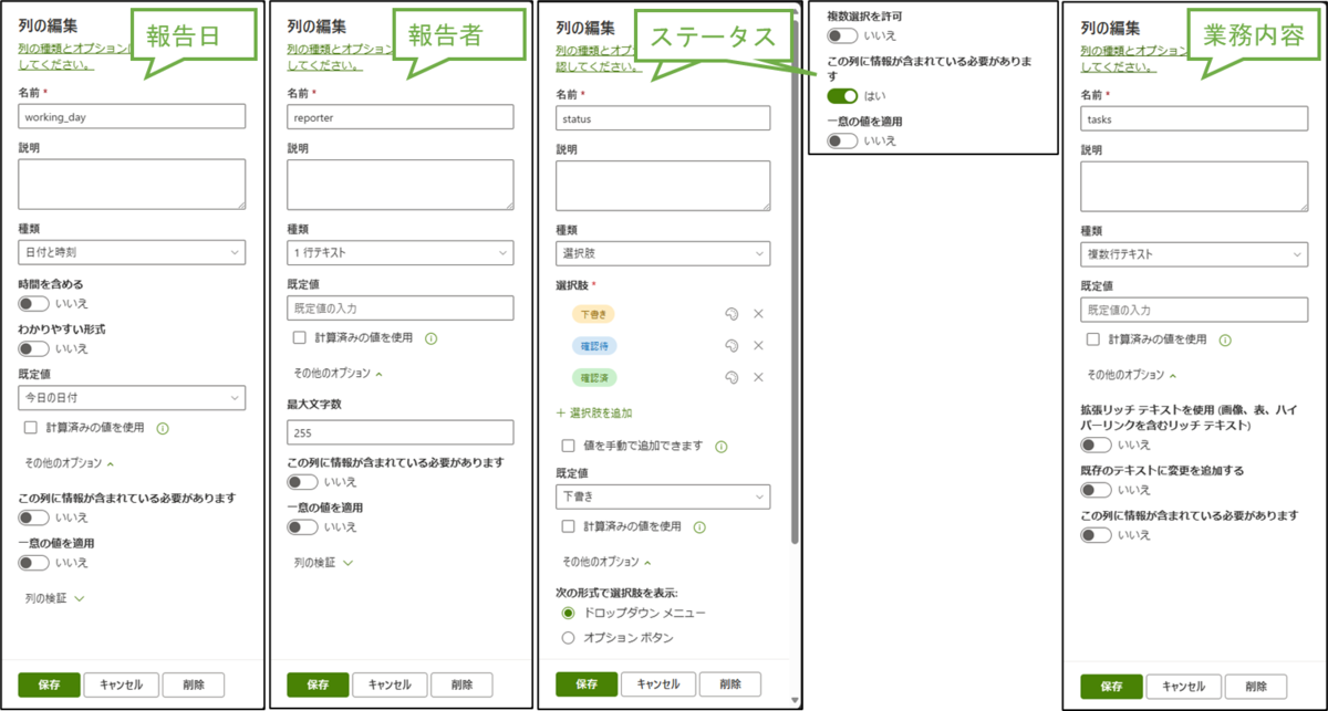 図表3-6 SharePointリストの列の設定