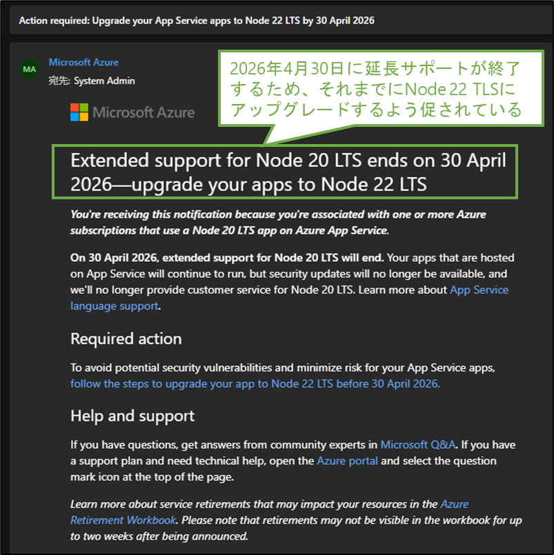 図表7-1 Webアプリ実行環境のアップグレードに関する通知メール
