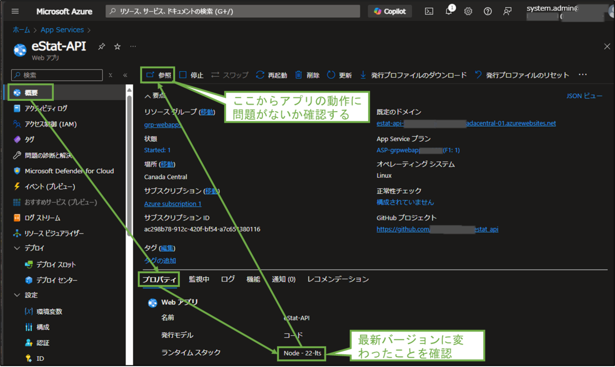 図表7-4 AzurePortalでのWebアプリの状態確認