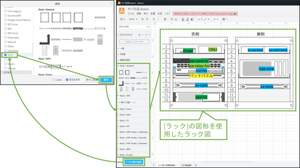図表2-2 draw.ioによるラック図(ラック図向け図形使用)