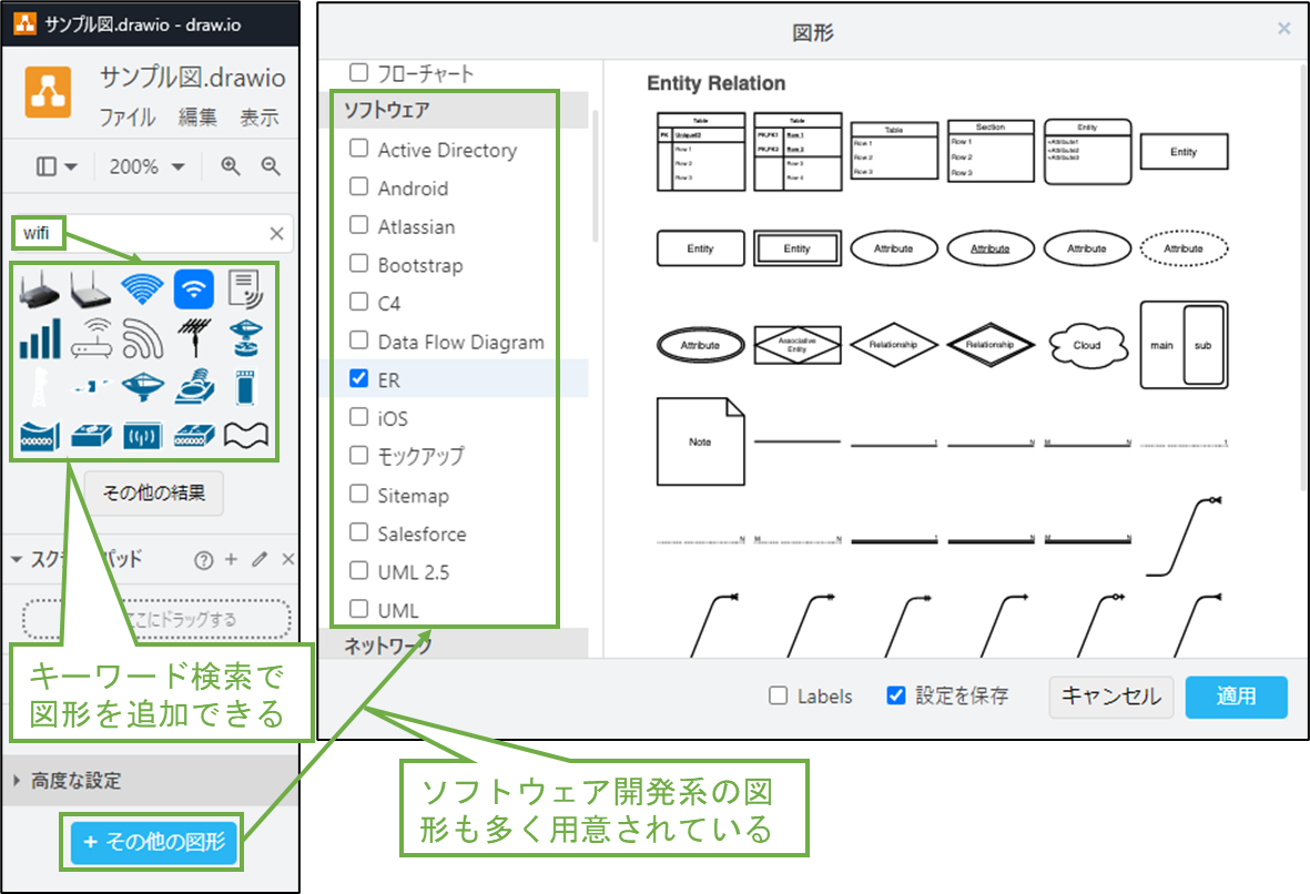 図表3-2 draw.ioの図形検索,ソフトウェア開発系の図形