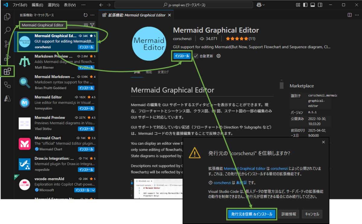 図表2-1 VSCodeのプラグインインストール(Mermaid Graphical Editor)