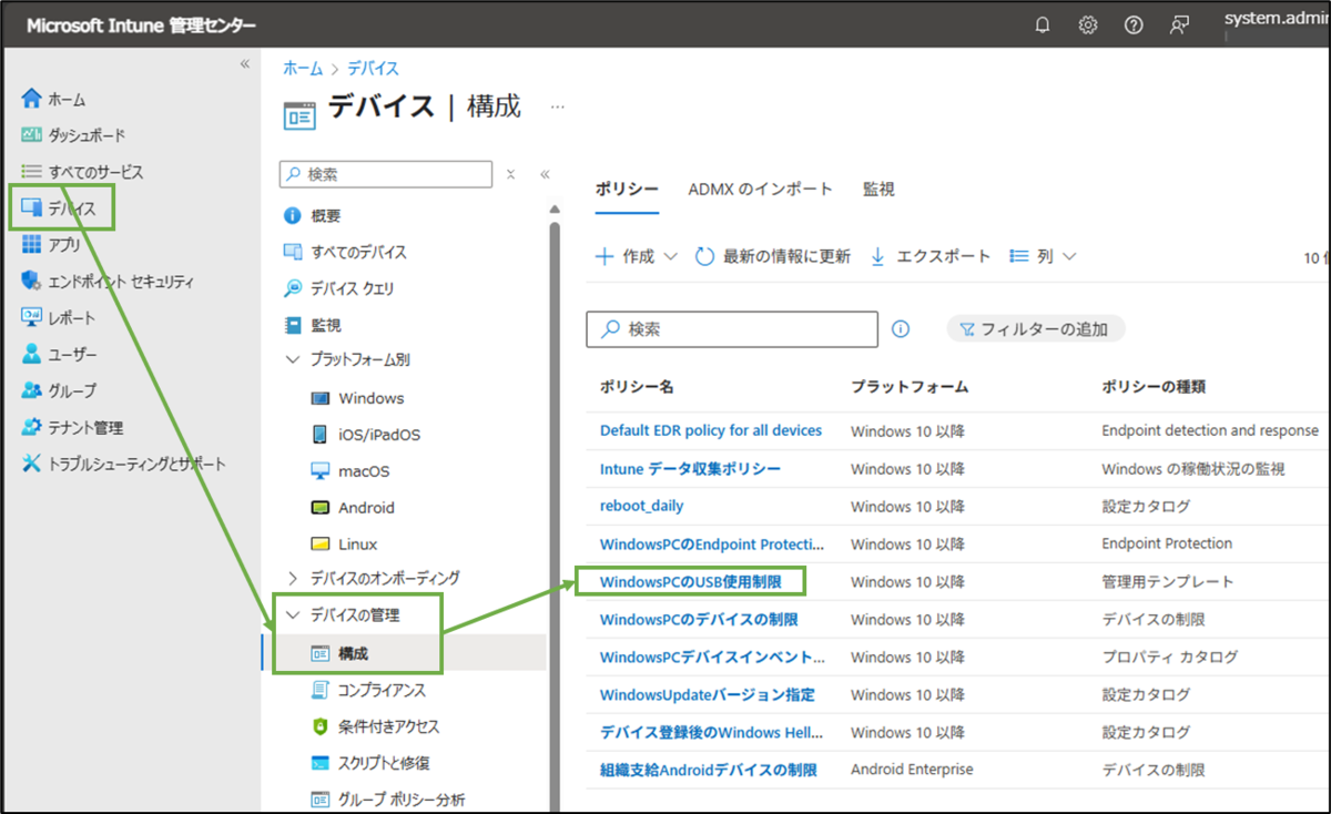 図表6-3 Intune管理センターのデバイス構成ポリシーへ