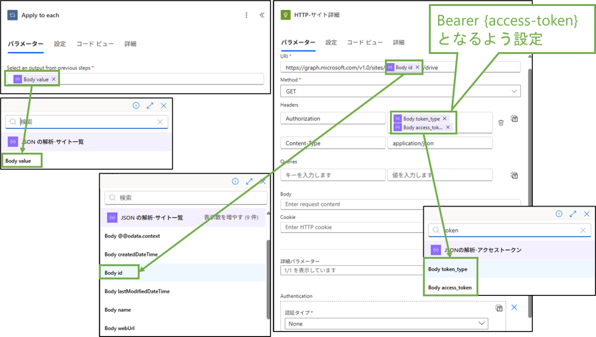 図表7-9 各ステップの設定(Apply to each,HTTPサイト詳細)
