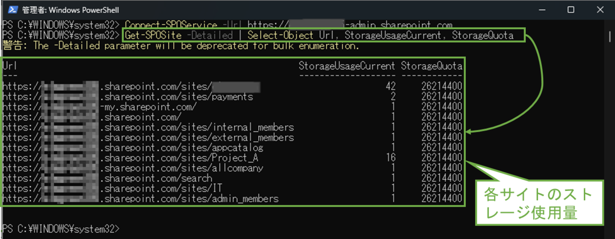 図表9-5 PowerShell SharePointサイト使用量確認