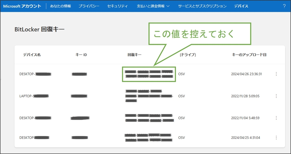 図表2-2 Bitlocker回復キー確認(方法1-Microsoftアカウント画面から)