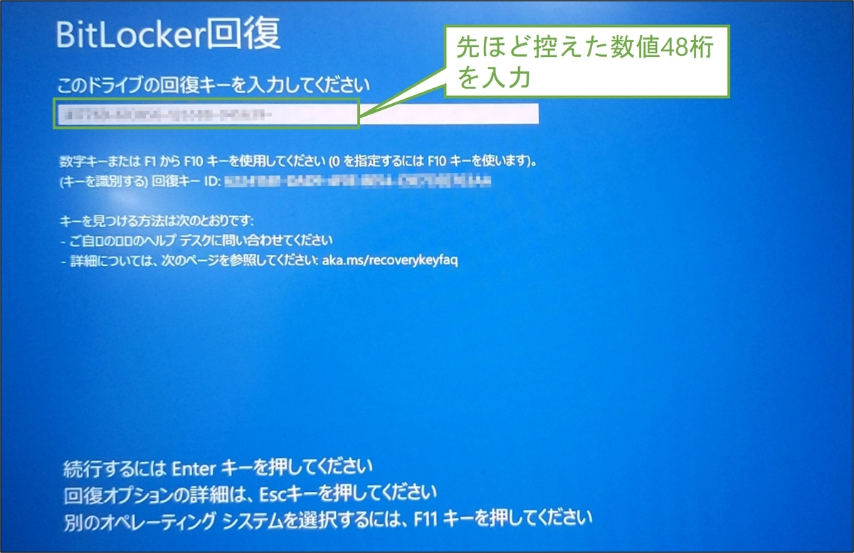 図表2-6 Bitlocker回復キーの入力画面