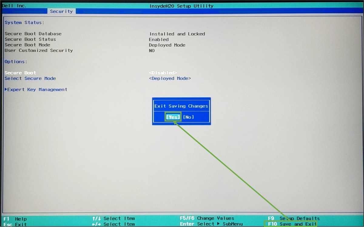 図表3-7 SecureBoot無効化(保存してUEFI画面を終了)
