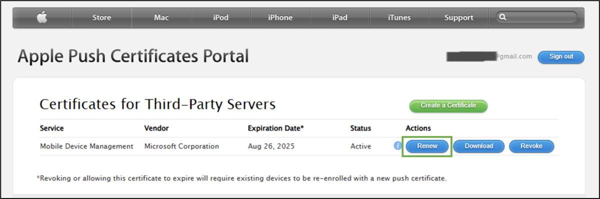 図表11-4 Apple MDM プッシュ証明書更新(Appleプッシュ証明書ポータル)