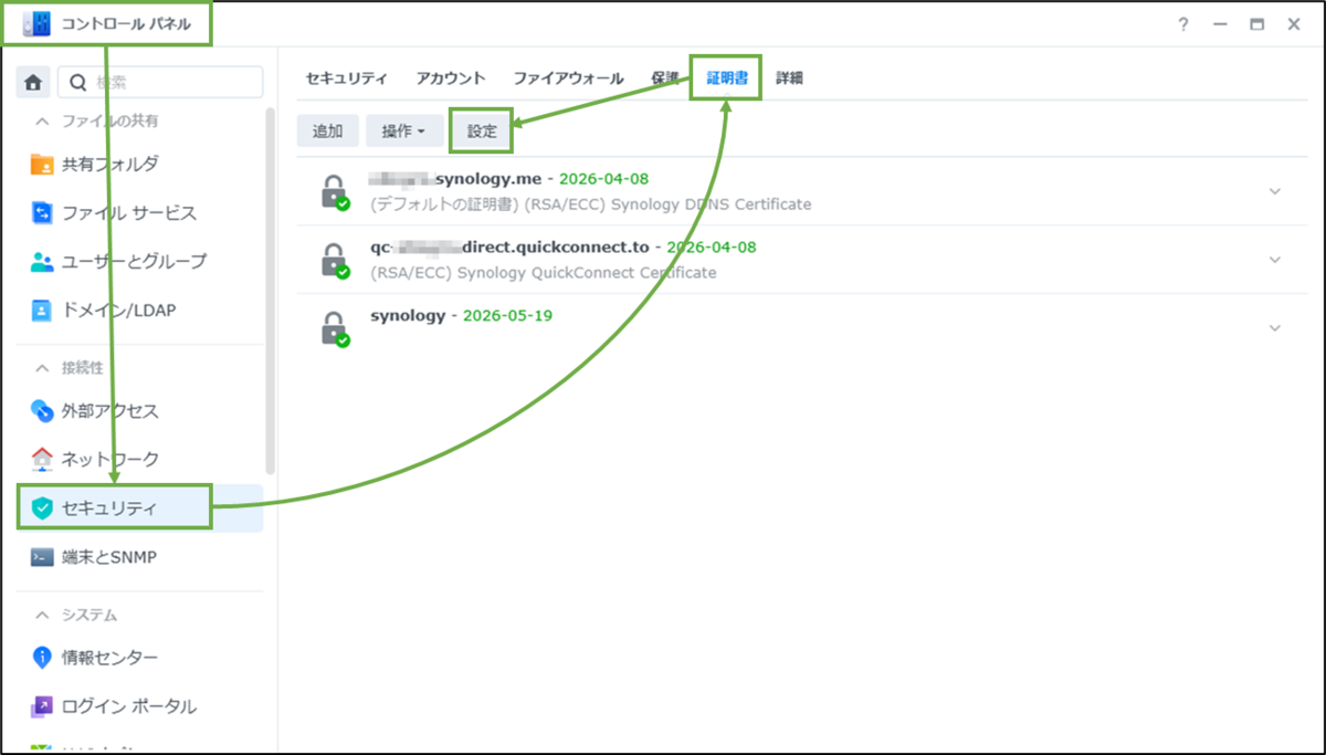 図表2-1 証明書の設定メニューへ