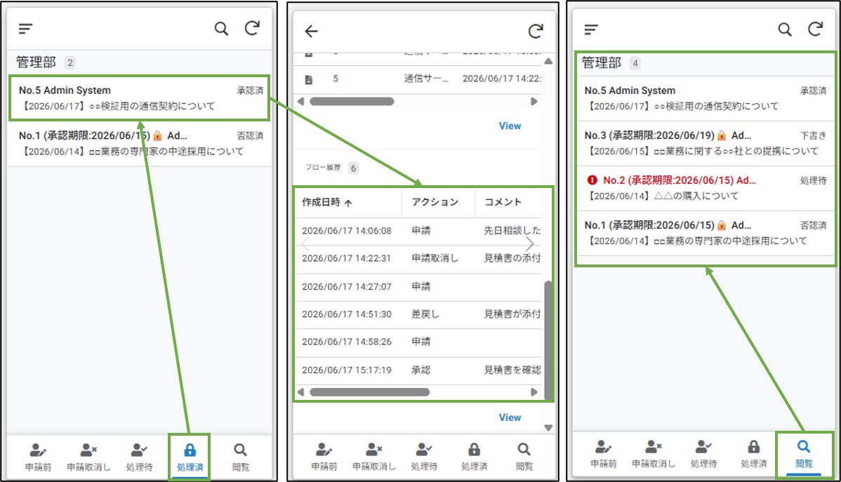 図表2-9 アプリイメージ(処理済メニュー、閲覧メニュー)