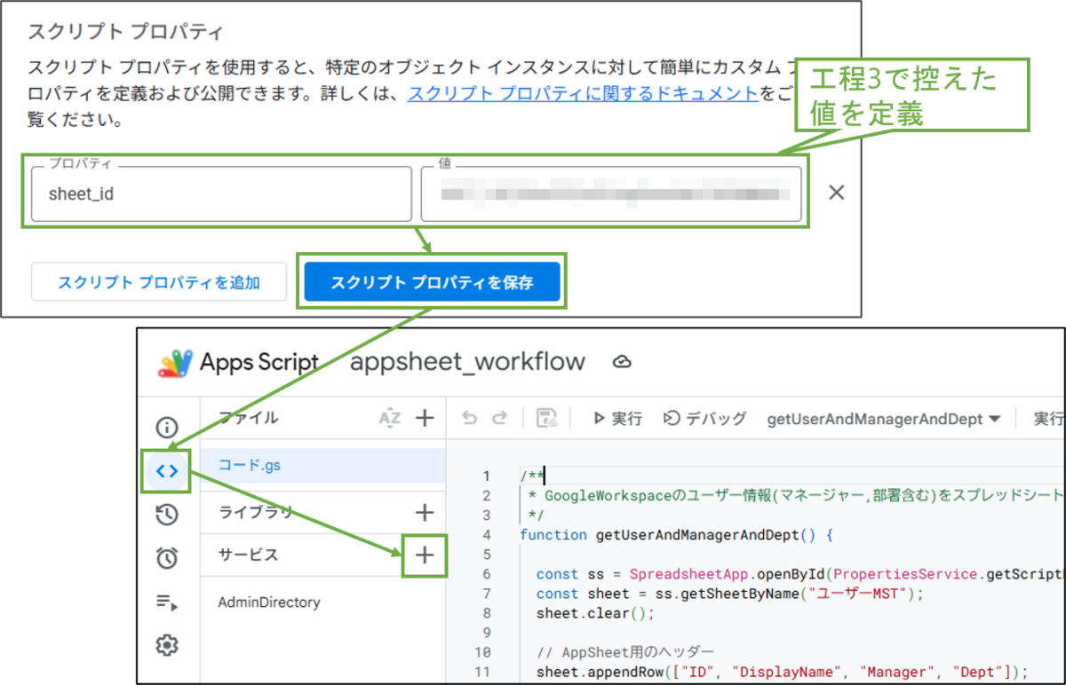 図表4-2 GASスクリプトプロパティ追加・サービス追加へ