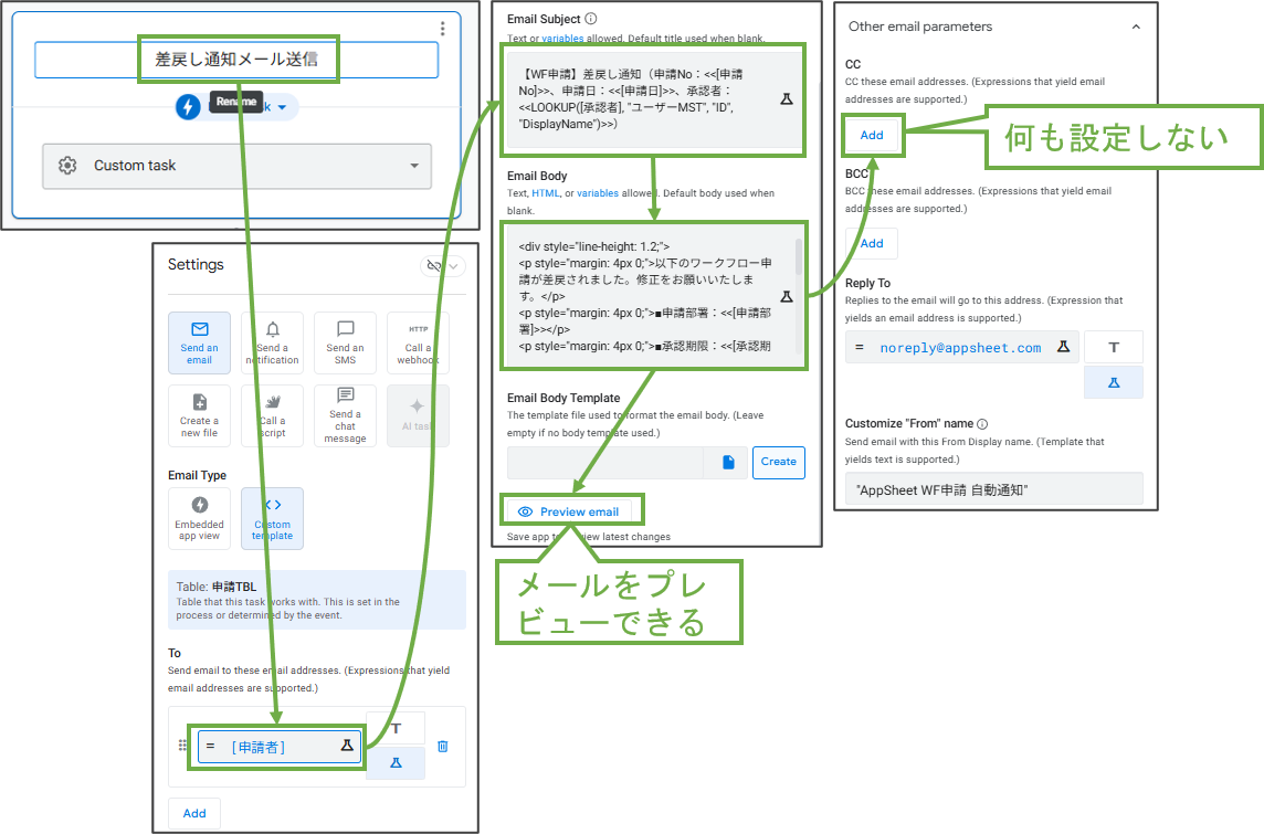 図表9-7 Automation 差戻し通知メール送信 PROCESS設定