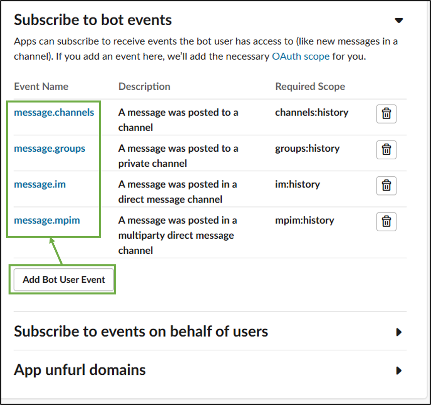 図表3-7 Slack App Event Subscriptions bot events指定