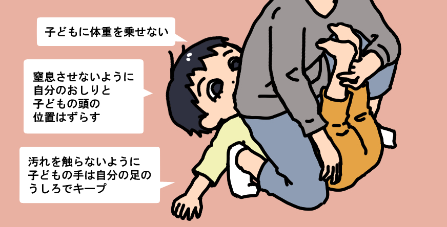 大人が反対を向くおむつ替えの体勢を解説したイラスト