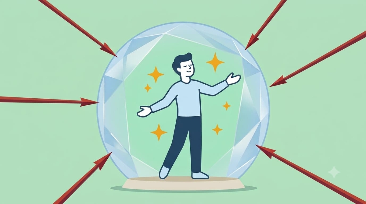 周囲からの「期待」というプレッシャーを示す5本の赤い矢印を、透明なバリアで弾き返して自分を守る男性のイラスト。相手の感情と自分の間に境界線を引き、過剰な期待に押し潰されず自分軸で生きる「期待値コントロール」の重要性を表現している。