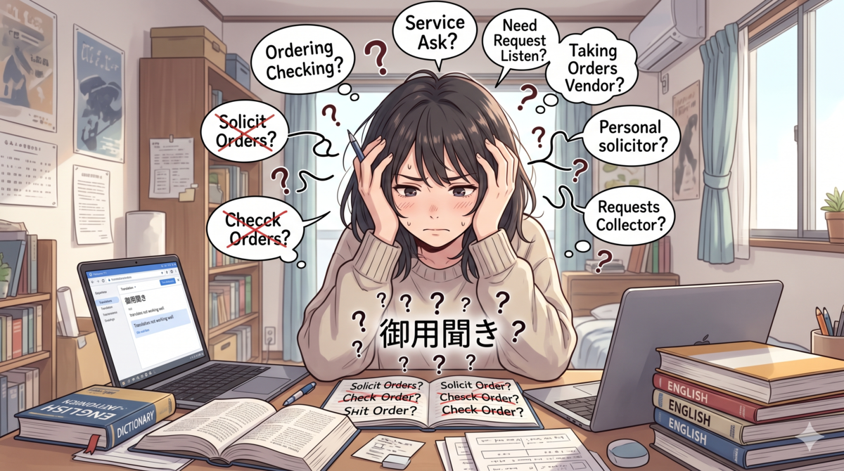 日本語の言葉「御用聞き」を英語に翻訳しようとして、適切な表現が見つからず、デスクで頭を抱えて困り果てている女性のイラスト。彼女の頭上には、不自然な英語訳や、打ち消された翻訳の試みが浮かんでいる。