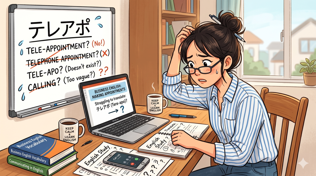 「テレアポ」という和製英語をどう英訳するか悩み、ホワイトボードやノートを前に困り果てている女性のイラスト
