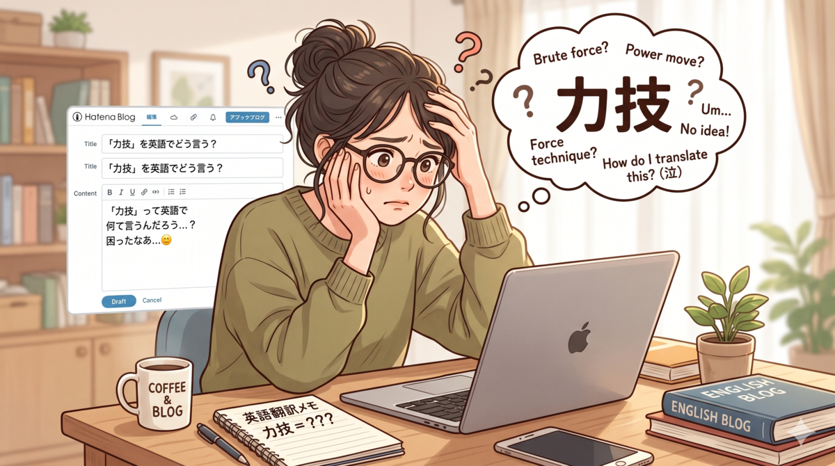 パソコンの前で「力技」の英訳が思い浮かばず、頭を抱えて悩む女性のイラスト。はてなブログの編集画面や、英語の候補が書かれた吹き出しが描かれている。