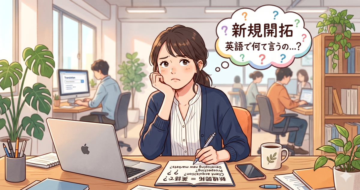 オフィスのデスクで「新規開拓 英語で何て言うの…？」と頬杖をついて悩む女性のイラスト。頭上の吹き出しや手元のノートに、英語の表現を考えている様子が描かれている。