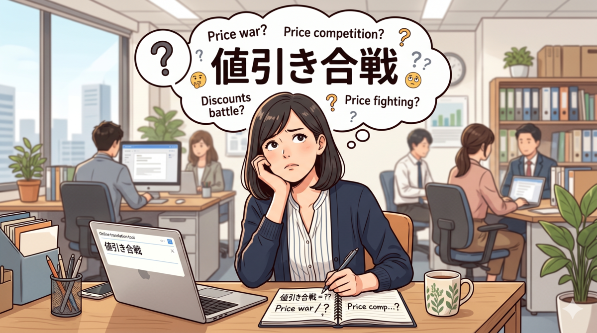オフィスのデスクで「値引き合戦」を英語でどう表現するか悩む女性のイラスト。頭上の大きな吹き出しに「値引き合戦」の文字と「Price war?」などの英語の候補が浮かんでおり、手元のノートやパソコン画面を見ながら困惑している様子。