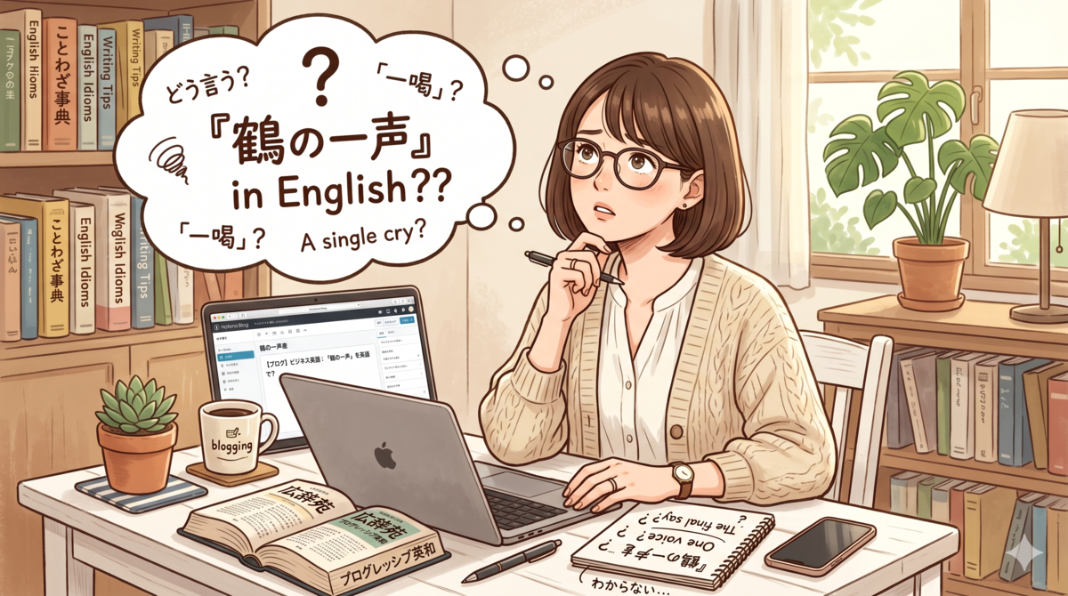 『鶴の一声』を英語でどう言うか分からず、机の上で悩みながら考え込んでいる女性のイラスト