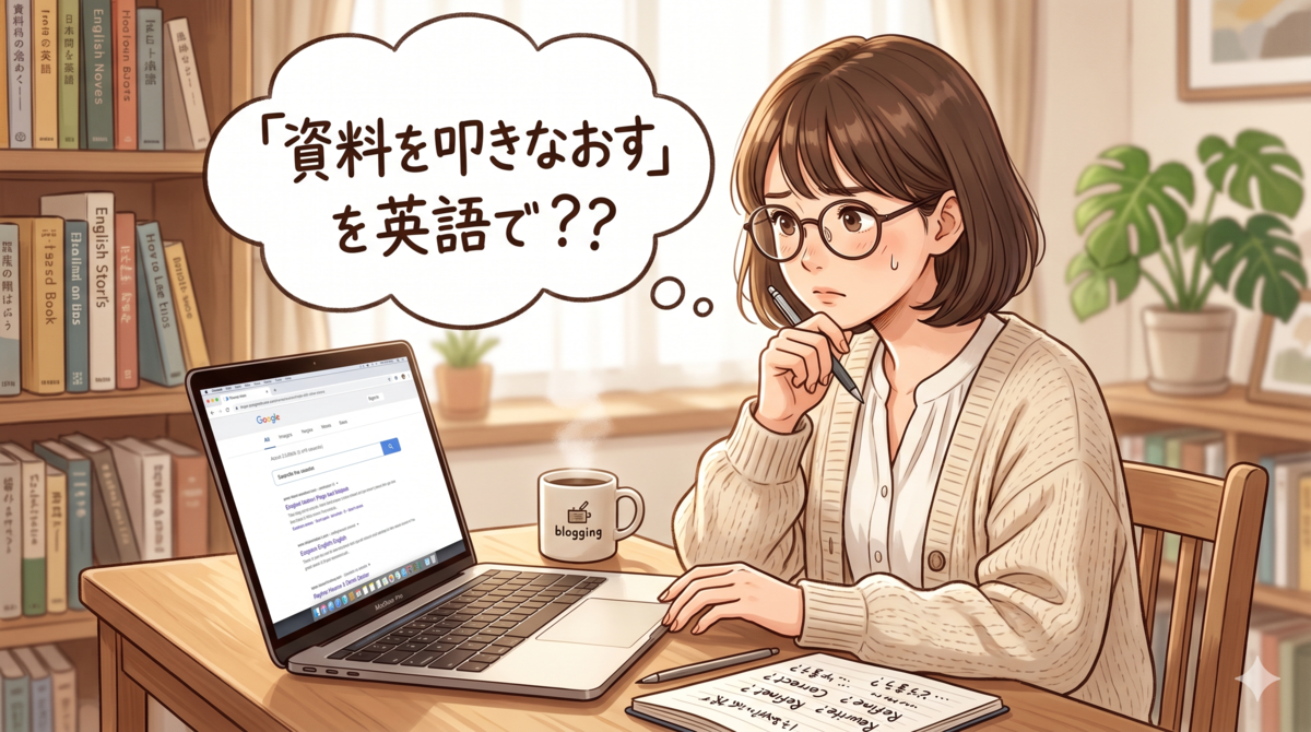 『資料を叩きなおす』を英語でどう言うか分からず、パソコンの前で悩みながら考え込んでいる女性のイラスト