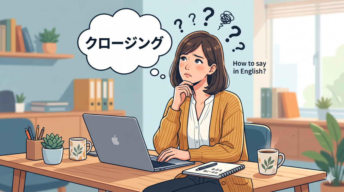 「クロージング」の英語表現が分からず、パソコンの前で頭を悩ませる女性のイラスト