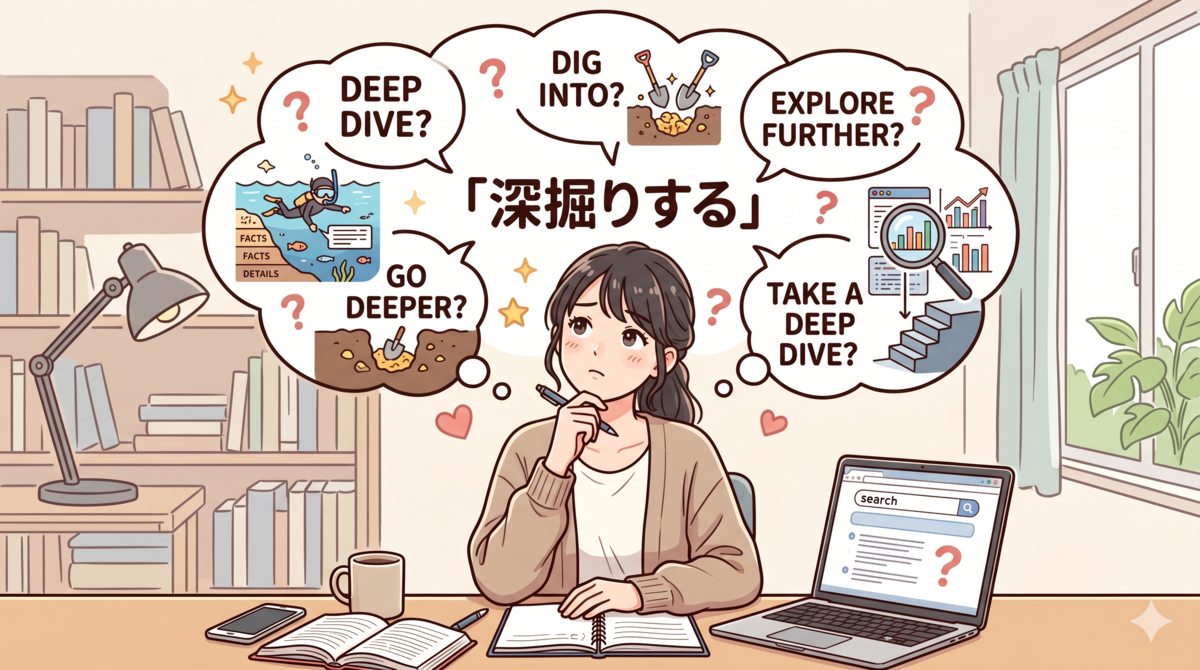 「深掘りする」の英語表現に悩む女性のイラスト。頭上の思考吹き出しに「深掘りする」という文字と、「DEEP DIVE?」「DIG INTO?」などの英語フレーズの候補が描かれている様子。