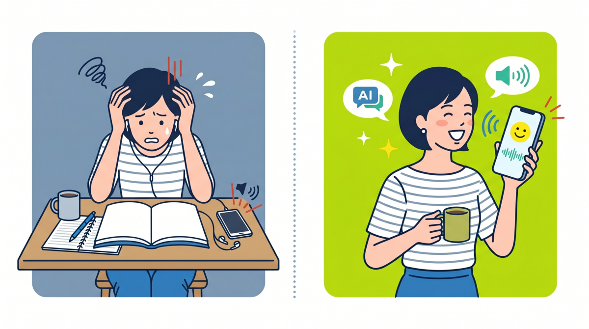 英語学習に悩みながら本を開いている人と、スマートフォンで楽しそうにAIと英会話の練習をしている人の対比イメージイラスト